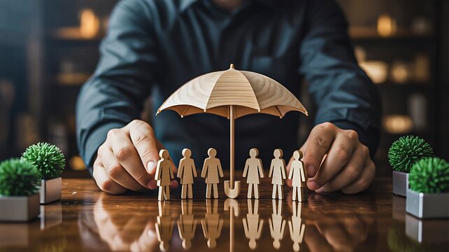 Family protection concept with wooden figures under large umbrella
