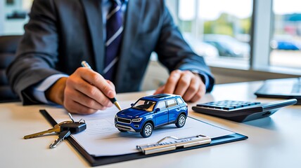 Car insurance agent signing contract with miniature vehicle on desk

