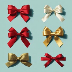 Various satin ribbon bows in red, gold, and ivory are displayed.