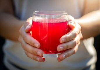 Refreshing crimson beverage held delicately in sunlight offering a revitalizing moment of clarity for mind body and soul