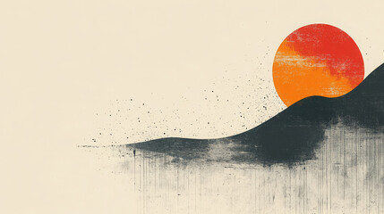 A minimalist watercolor landscape with a vibrant sun and misty mountains, evoking tranquility and natural beauty. Ideal for spiritual blogs, travel content, or artistic backgrounds.