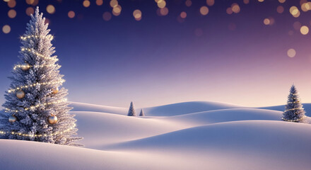 Christmas tree with lights and bauble on snowy hills under soft light, representing holiday spirit, celebration, and seasonal mood for festive occasions