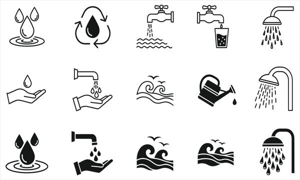 Water conservation and usage icons droplets, taps, hands, waves, and watering can