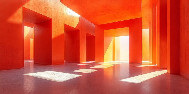 Minimalist orange 3d corridor with stark sunlight and shadows, creating an abstract, ethereal space. Ideal for architecture blogs, art inspiration, or articles on design, light, and modern aesthetics.
