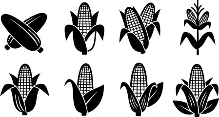 Fototapeta premium Corn icons set with various styles of cobs and leaves in black silhouette vector design for agriculture and food themes