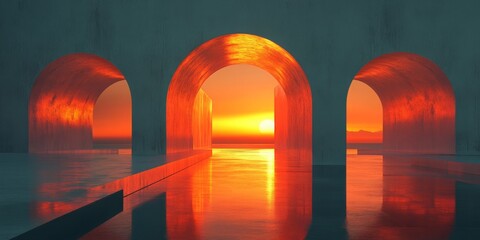Three architectural arches framing a blazing orange sunset/sunrise over water, reflecting light on the floor. Ideal for abstract art, spirituality, travel, fantasy, and futuristic blogs/sites.