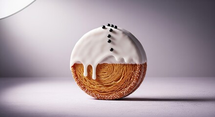 Round Pastry with Dripping White Icing and Black Sugar Pearls — Clean Product Shot