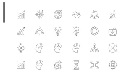 Modern business and technology line icons collection for strategic planning, growth analytics, innovation, and teamwork. Vector set for corporate development