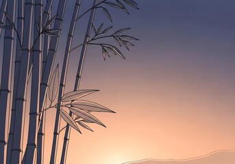 Calming bamboo silhouettes over sunset, creating peaceful nature moment