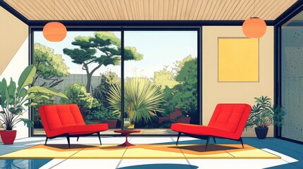 Mid-century modern living room with red chairs, a large window overlooking a lush garden. Ideal for interior design blogs, real estate, or articles on retro aesthetics, home decor, and comfortable 