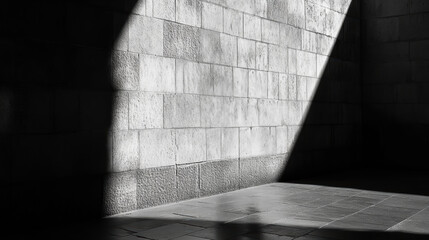 A sharp beam of light cuts through an empty architectural space