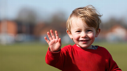 A cheerful young child waves joyfully