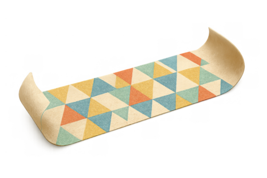 Runner rug with colorful geometric triangle pattern on a transparent background, modern home decor textile