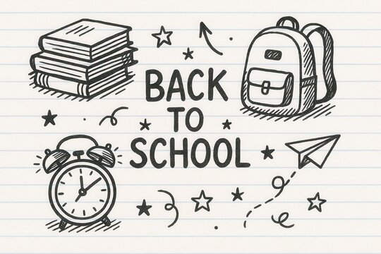 Back to school hand drawn illustrations with books, backpack, clock and paper airplane