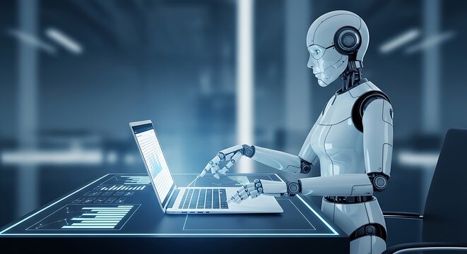 Artificial intelligence robot working on laptop futuristic technology concept