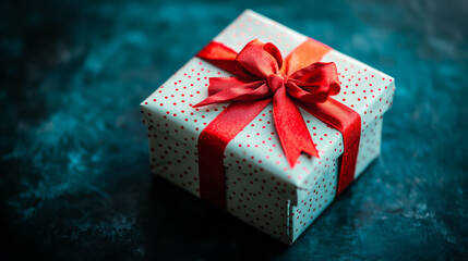 Christmas gift box with red ribbon and dotted wrapping on dark textured surface