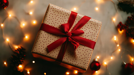 Christmas gift box with red ribbon and dotted paper surrounded by festive lights