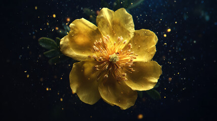 Close-up of a blooming yellow flower with pollen against dark cosmic background