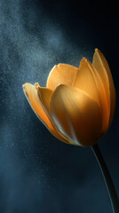 Close-up of a yellow tulip flower with pollen particles against a dark background