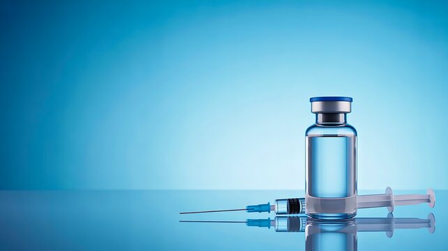 Medical vaccine vial with syringe on blue background for healthcare and immunization concept
- Powered by Adobe