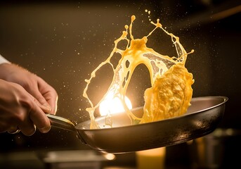 Culinary spectacle: a chef skillfully flips food in a pan with dynamic splash and flame showcasing cooking prowess and