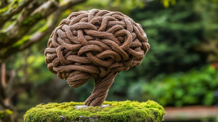 Conceptual sculpture of a brain made of intertwined thread in natural setting