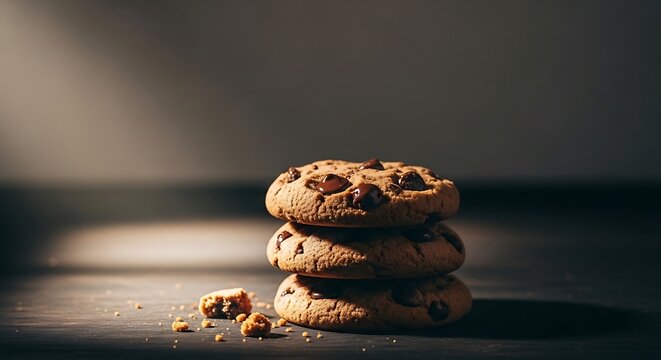 Stacked chocolate chip cookies against dark backdrop in studio spotlight