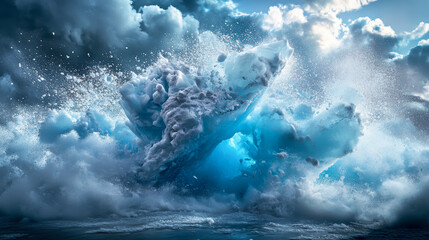 Massive iceberg explosion with water and ice fragments under dramatic sky