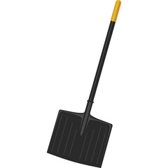 Black Plastic Snow Shovel With Yellow Handle Isolated on White Background for Winter Clean Up and Snow Removal Tasks