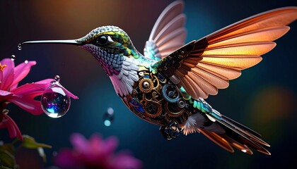 Obraz premium The Cosmic Dewdrop: A Hyper-Detailed Macro of a Mechanical Hummingbird Forged from Brass and Sunset