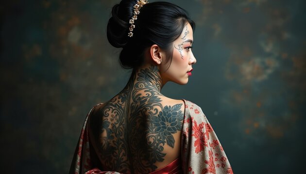 Woman with elaborate Japanese tattoos on her back and face wears a traditional kimono. Intricate dark ink body art covers her neck and skin. She poses elegantly against a muted textured background.
