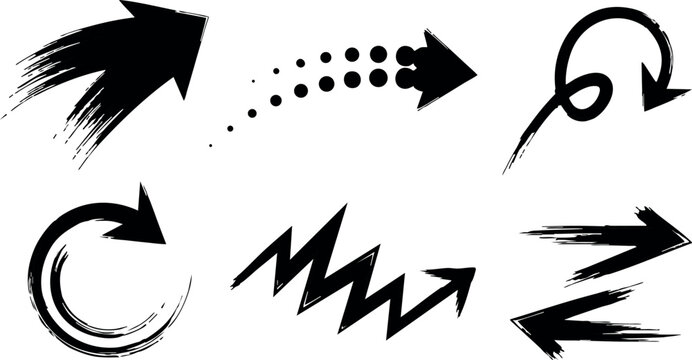 Dynamic black curved and zigzag arrow vector icons for design and navigation use in digital projects illustration