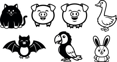 Cute black cat pig bat parrot goose rabbit vector illustrations for children and design projects