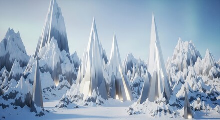 Majestic ice peaks piercing a tranquil sky reflecting the serenity of a frozen landscape