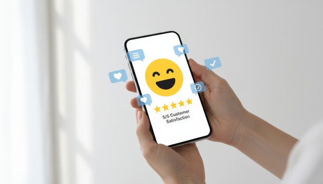 Person holding smartphone showing smiling emoji, five gold stars and 55 customer satisfaction text, surrounded by review and feedback icons for excellent service and positive user experience