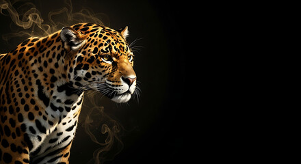 Obraz premium Close-up portrait of a majestic jaguar in a smoky, atmospheric setting