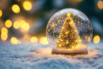 Shiny Christmas Tree In Snow Globe On Snow With Golden Lights