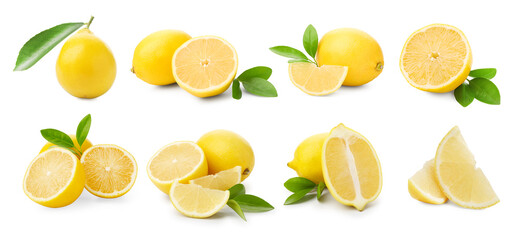 Set of fresh lemons on white background. Citrus fruit