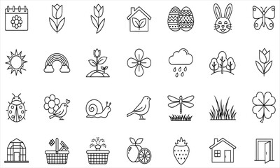 Naklejka premium Spring Season Outline Icons Collection Featuring Nature Elements, Garden Flowers, Animals, and Weather Symbols for Web and Print Design