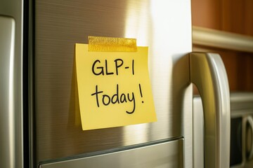 A yellow sticky note on a stainless steel refrigerator door reads 'GLP-1 today!'. The kitchen background is softly lit, creating a warm atmosphere.