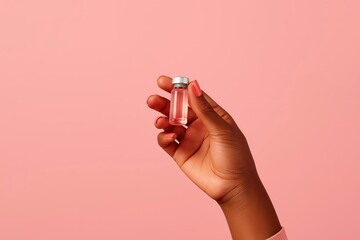 A dark-skinned female hand holds a small glass vial containing a pink liquid against a pink background. The vial is sealed with a silver cap.