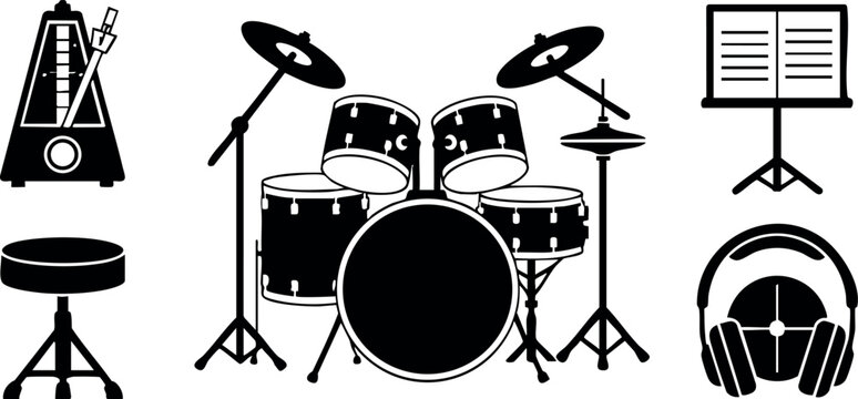 Drum set with metronome headphones music stand and drum stool vector illustration in black silhouette style
