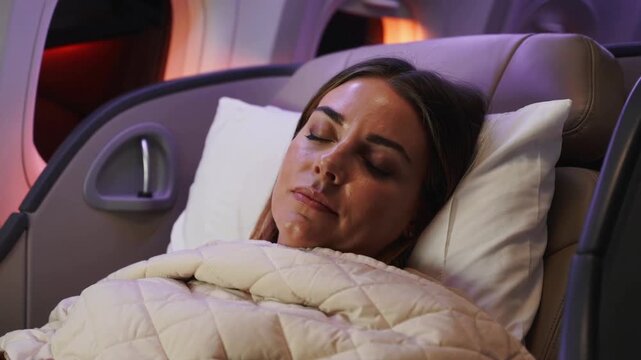 A woman sleeping peacefully in a comfortable airplane seat wrapped in a cozy blanket with dim cabin lighting