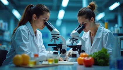 Two women scientists work in lab. They examine food samples using microscopes. Researchers wear white lab coats. Experts study fresh fruits and vegetables quality for science.