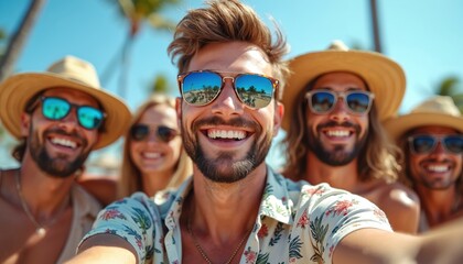 Group of friends smiles and poses for selfie at beach party with palm trees. People wear hats and sunglasses. They are happy, cheerful, and enjoy sunny day together during their vacation.