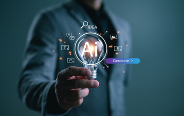 Hand holding glowing light bulb with AI icons around it, representing artificial intelligence generating creative ideas for content, media, design, music, text, and innovation tools.