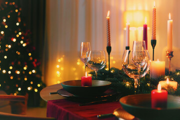 Christmas dinner. Festive table setting with candles. Greeting card design