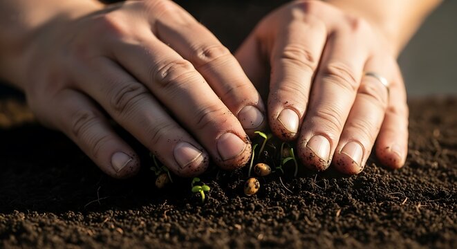 Close-up of careful hands nurturing emerging seedlings in rich soil, symbolizing growth and potential, earthy tones