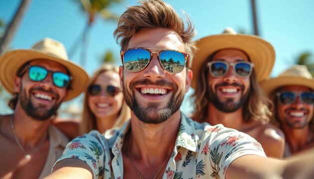 Group of friends smiles and poses for selfie at beach party with palm trees. People wear hats and sunglasses. They are happy, cheerful, and enjoy sunny day together during their vacation.