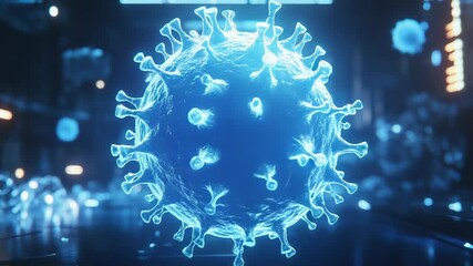 Coronavirus glowing blue cell in futuristic digital environment - Powered by Adobe